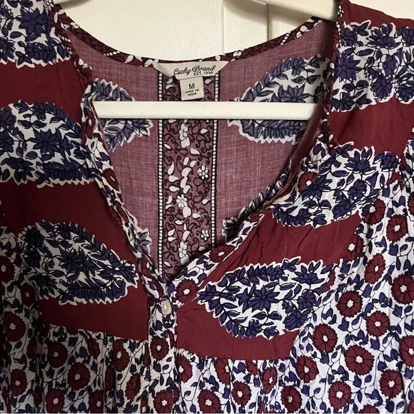 Lucky Brand Burgundy Boho Floral V-Neck Tunic Top Size Medium - Picture 2 of 7